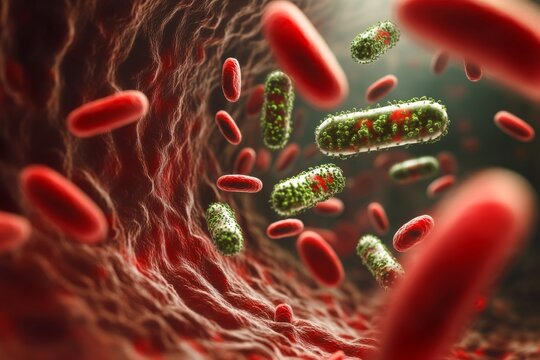 Pathogenic bacteria within the bloodstream alongside red blood cells illustrating septicemia and sepsis in human health