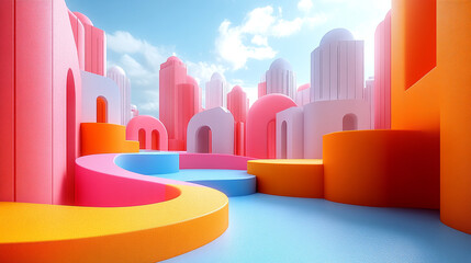 Colorful abstract landscape with geometric shapes and bright hues, creating a playful and vibrant environment under a blue sky.