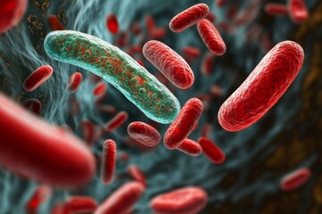 Pathogenic bacteria in bloodstream interacting with red blood cells illustrating septicemia dynamics in human body