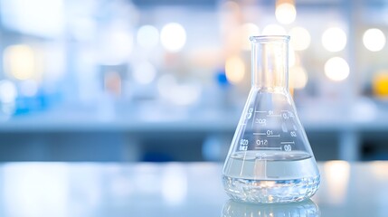 Close-up of glass beaker with clear liquid and floating indicator showing high lead levels, set on white countertop with copy space for text or design