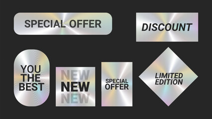 Obraz premium Holographic stickers logos emblem labels color set. Holographic stickers pack. For packaging product of promotional material. Sticker for clothes or accessories. Vector illustration.