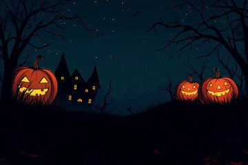 Halloween night background with pumpkins, a haunted house, and spooky trees in the style of vector illustration design template for a greeting card or poster.