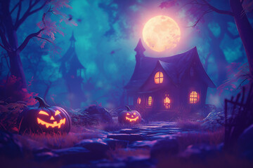Halloween night background with pumpkins, a haunted house, and spooky trees in the style of vector illustration design template for a greeting card or poster. The path leads out of the gate to a myste
