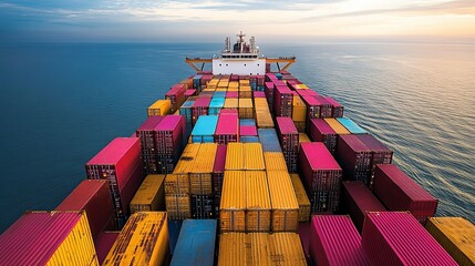 Cargo Ship Loaded with Shipping Containers at Sunset