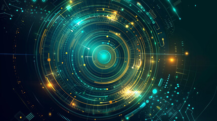 Futuristic Digital Technology Background with Neon Lights and Circular Patterns