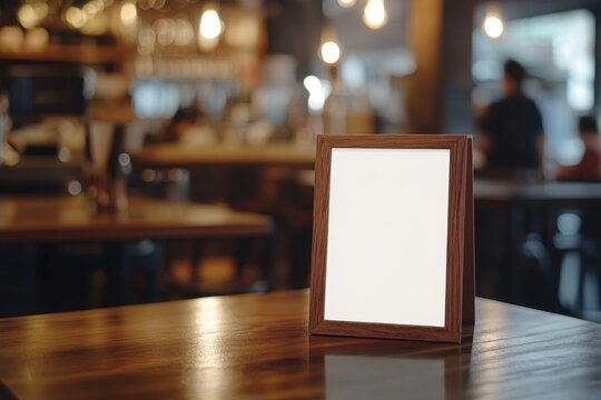 Elegant menu frame tent card on a wooden table in a cozy restaurant setting during evening hours