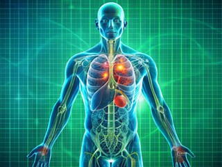 Accurate and detailed illustration of a human body with labeled organs and systems affected by chronic diseases such as diabetes and cardiovascular disease in a stylized anatomical 