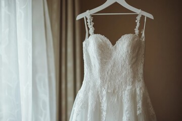 Elegant white wedding dress displayed on a rack, waiting for a bride-to-be in a charming boutique with soft lighting