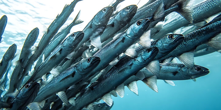 Silverside Fish Schooling in the Blue Depths: A mesmerizing underwater spectacle of silverside fish schooling in the ocean's depths. Their shimmering scales and synchronized movements create a hypnoti