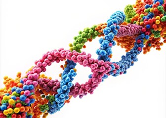 Illustration of a chromosome with brightly colored genes and nucleotides in a 3D perspective, set against a clean white backdrop to highlight the detailing and precision
