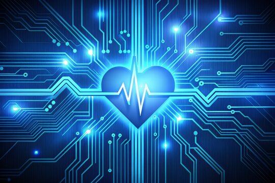 A stylized illustration of an ECG electrode on a futuristic blue background with a circuit board-inspired pattern, featuring a sleek and modern design aesthetic with bold lines