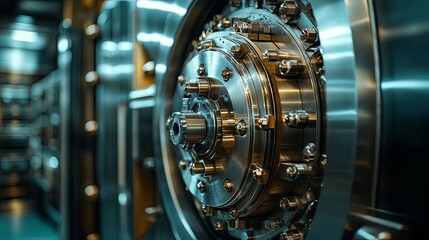 Fototapeta premium Close-up View of a Bank Vault's Complex Locking Mechanism