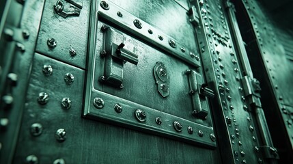 Close-up of a Metal Vault Door with Multiple Locks and Rivets