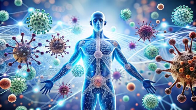 A stylized illustration of the human immune system as a complex network of interconnected cells and molecules, set against a clean white background with subtle gradient effects