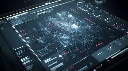 Fototapeta premium Futuristic digital interface with real-time crime prediction data, map highlighting high-risk areas and crime trends, clean dark background emphasizing advanced technology
