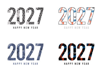 2027 New Year Hand drawn calendar date continuous line. Set of 4 greeting ideas