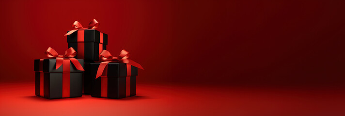 Three black gift box with red ribbons over red background with copy space