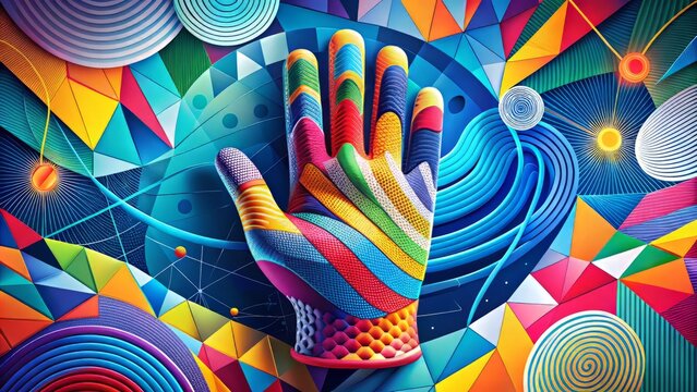 A stylized pattern illustration of a glove surrounded by swirling shapes and lines, evoking a sense of movement and progression