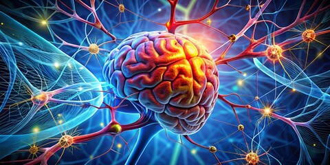 A stylized illustration of the brain with inflamed neurons and blood vessels, set against a dark blue gradient background, showcasing the complexities of the condition with bold lines 