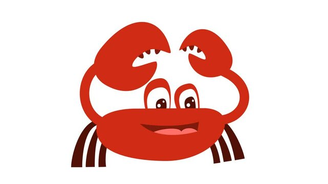 A cute cartoon crab with big eyes and a wide smile cartoon animation. Seamless looping. Alpha channel. Suitable for animal and seafood content