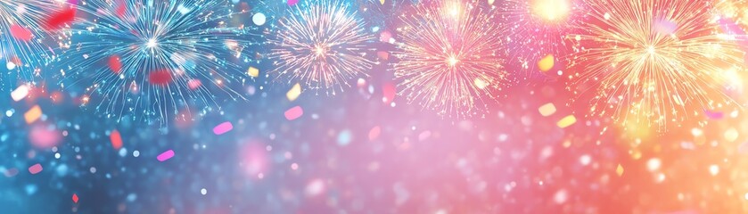 Cute New Year background with playful fireworks and confetti in pastel tones, leaving plenty of room for a celebratory message.