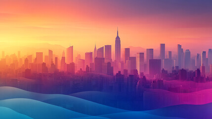 A stunning city skyline at sunset, showcasing vibrant colors and modern architecture against a dreamy backdrop.