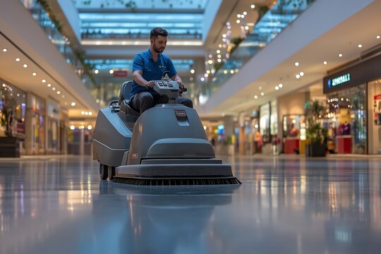 Cleaner operating a floor scrubbing machine in a shopping center during daytime janitorial service activities