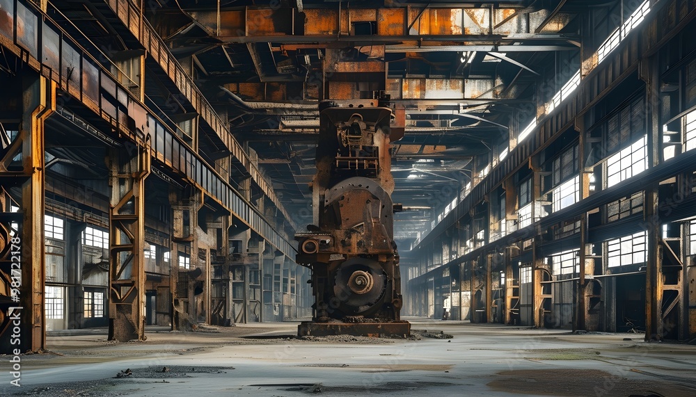 Wall mural abandoned industrial factory floor featuring a massive rusting machine amidst weathered steel beams 