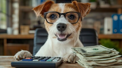 playful jack Russell terrier wearing reading glasses, sitting at desk with stacks of dollar bills and calculator, with mischievous grin as if its managing finances like pro, perfect for humorous