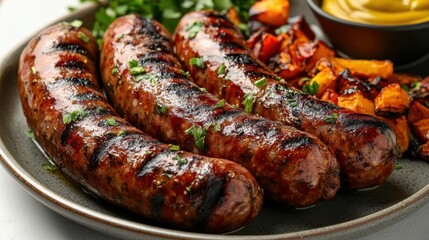 Fototapeta premium Grilled Sausages with Roasted Vegetables and Mustard