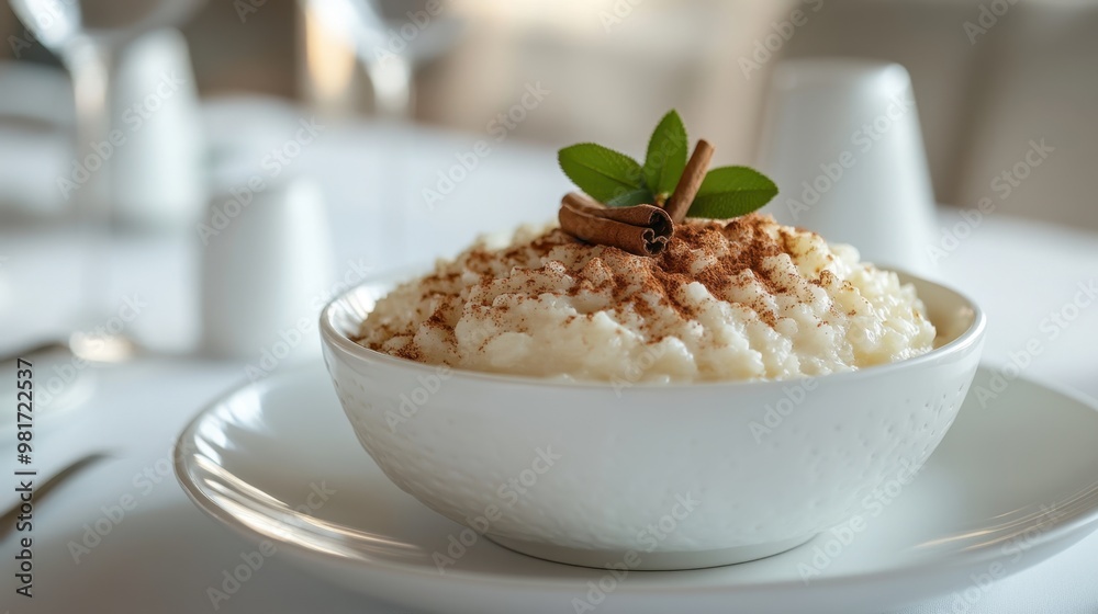 Wall mural Creamy Rice Pudding with Cinnamon and Mint Garnish