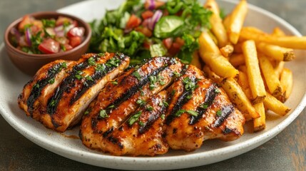 Grilled Chicken with Salad and French Fries Plating