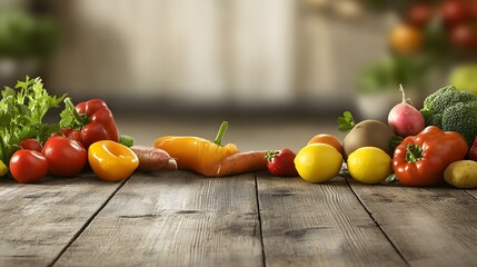 Close-up of vibrant fresh fruits and vegetables arranged in a balanced layout on a wooden table, symbolizing healthy gut nutrition and natural wellness