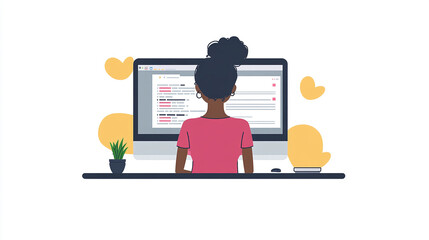 A young woman working on a computer with a plant beside her, focused on coding and technology in a modern workspace.