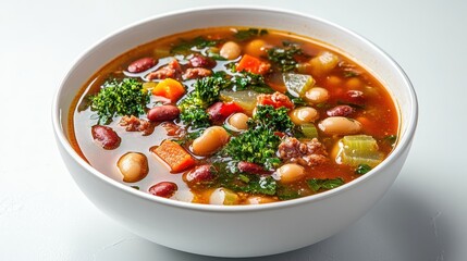 Hearty Vegetable and Bean Soup in White Bowl