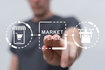 Man using virtual touch screen presses inscription: MARKET PLACE. Online marketplace e-commerce internet shopping business concept. Market place online store web navigation shopping technology.