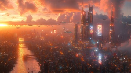 Urban Metropolis of Tomorrow: Flying Cars Over Futuristic City with Holographic Billboards