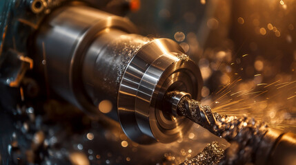Precision Lathe Operation. A close-up image of a metal lathe in operation, focusing on the sharp cutting tool shaping a rotating metal piece.