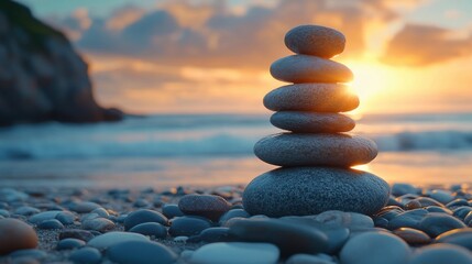 Fototapeta premium Serene Zen Rock Balancing at Sunset by the Ocean