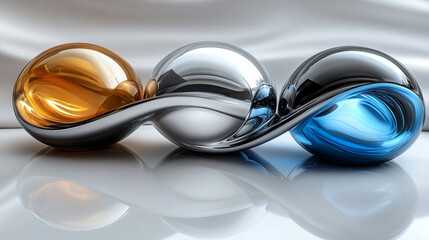 Artistic composition of three glass spheres in orange, silver, and blue, showcasing elegance and modern design.