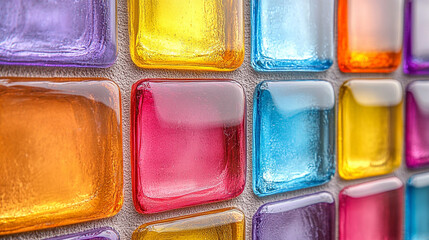 Close-up of colorful glass tiles arranged in a vibrant pattern, showcasing various shades and reflections for decorative uses.