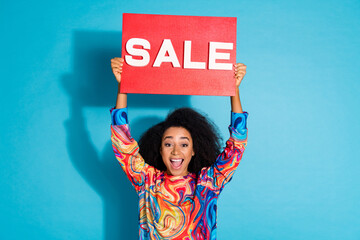 Photo portrait of pretty young girl hold sale raise excited plate wear trendy colorful outfit...