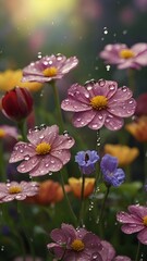 Rain on Flowers A scene depicting raindrops falling on colorful flowers, with a natural background adding a touch of purity and beauty 
