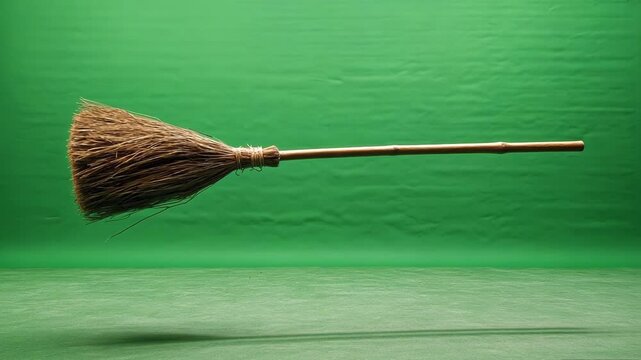 Witch's broom flies horizontally against a green screen, perfect for fantasy and halloween. This magical image captures mystery and wonder, ideal for creative projects