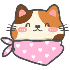 Illustration of a cute cat wearing a scarf with a pink heart pattern