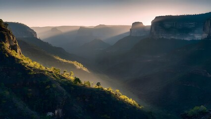 Fototapeta premium Majestic Copper Canyon at Dawn with Sunlight Touching the Green Hills