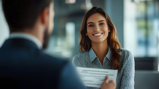 Smiling taxpayer receiving refund check with financial advisor