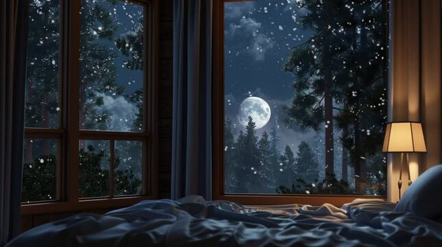 Cozy bedroom with a large window framing a beautiful starry night sky, creating a peaceful and dreamy atmosphere
 Seamless looping 4k time-lapse virtual video animation Generated AI