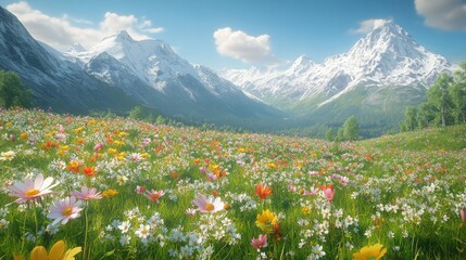 Fototapeta premium A vibrant meadow of wildflowers blooms in the shadow of snow-capped mountains.