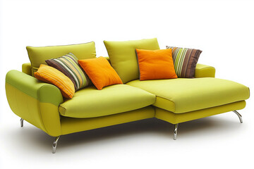 Green couch with pillows isolated on white background.